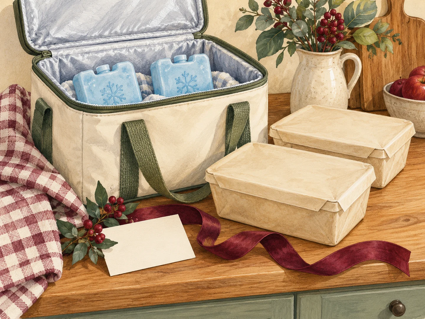 Plain sealed food packages beside an insulated cooler and reusable cold packs