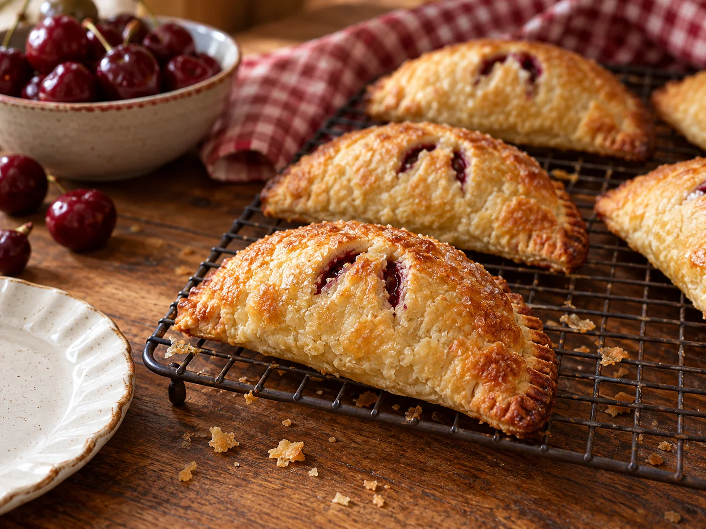 Golden homemade fruit hand pies cooling on a wire rack beside fresh berries