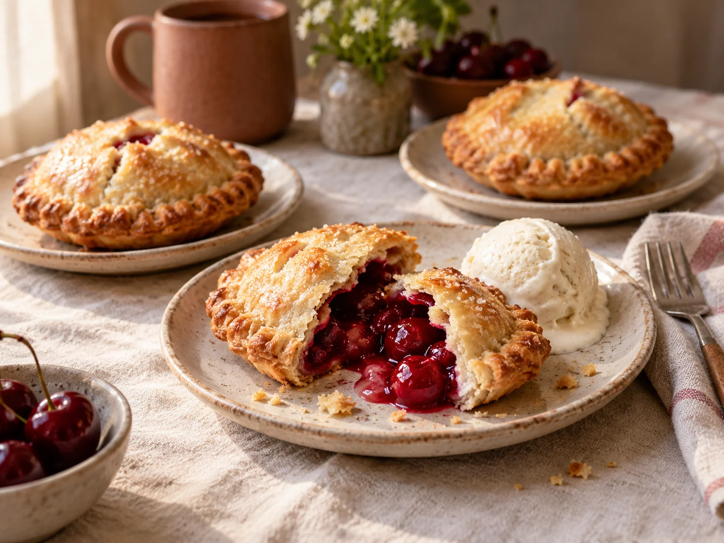 Golden fruit-filled hand pies with vanilla ice cream on a ceramic plate