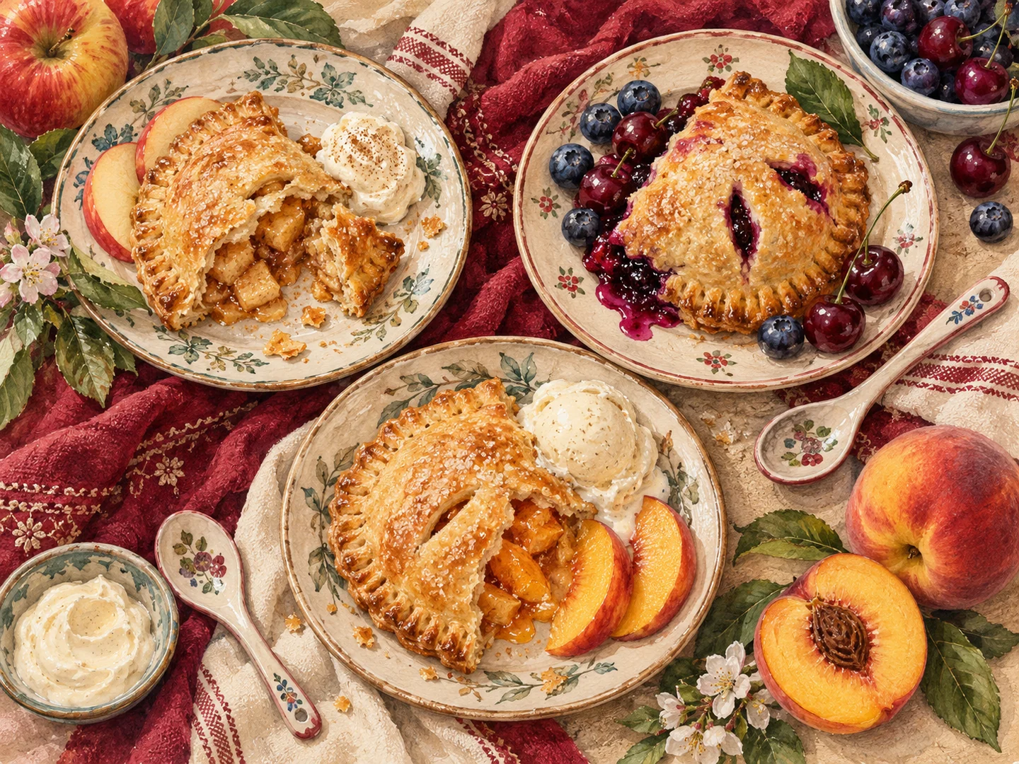 Fruit hand pies, berries and vanilla ice cream arranged as dessert pairing inspiration