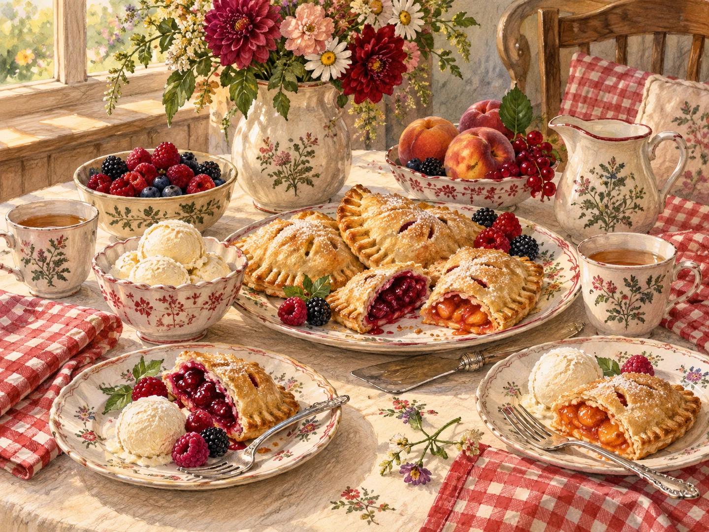 An afternoon dessert table with hand pies, ice cream and tea