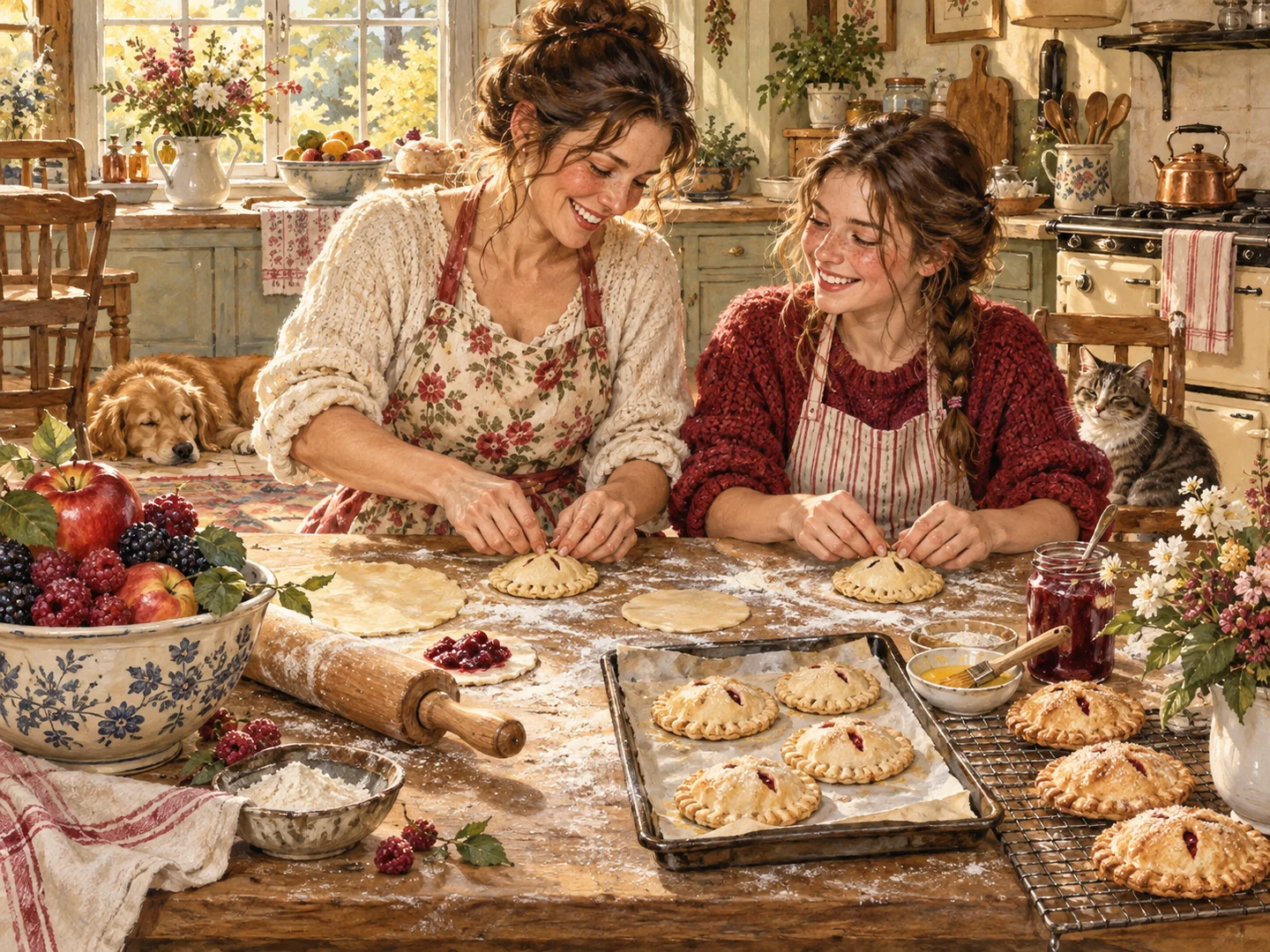 A parent and daughter baking hand pies together in a sunny kitchen